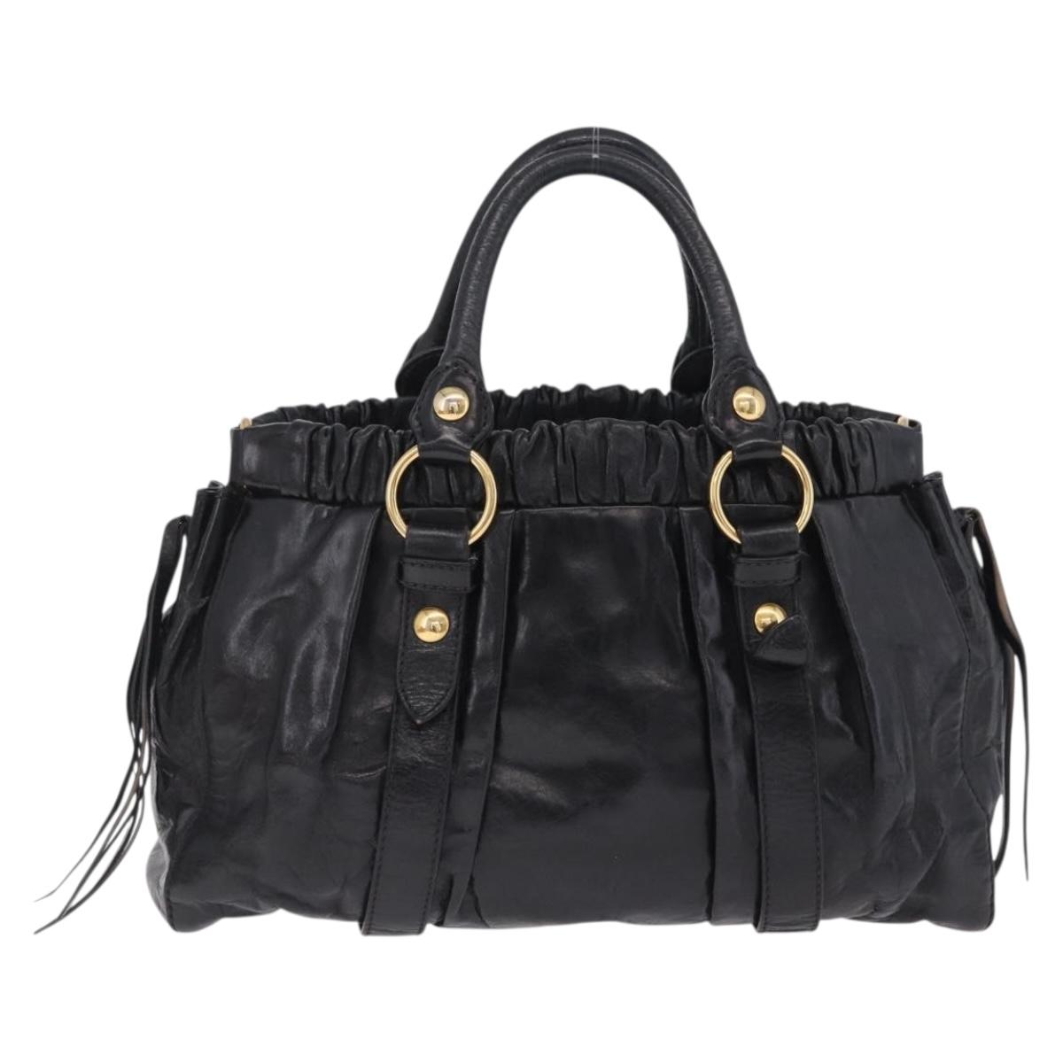 Miu Miu Side Ribbon Hand Bag Leather Black Gold Auth am12883M