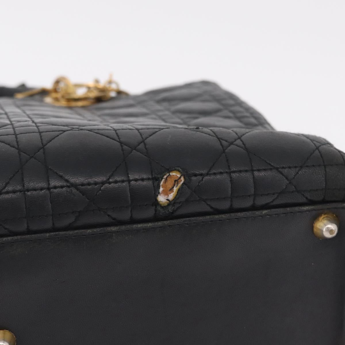 Christian Dior Canage Lady Dior GM Hand Bag Lamb Skin Black Gold Auth am12885
