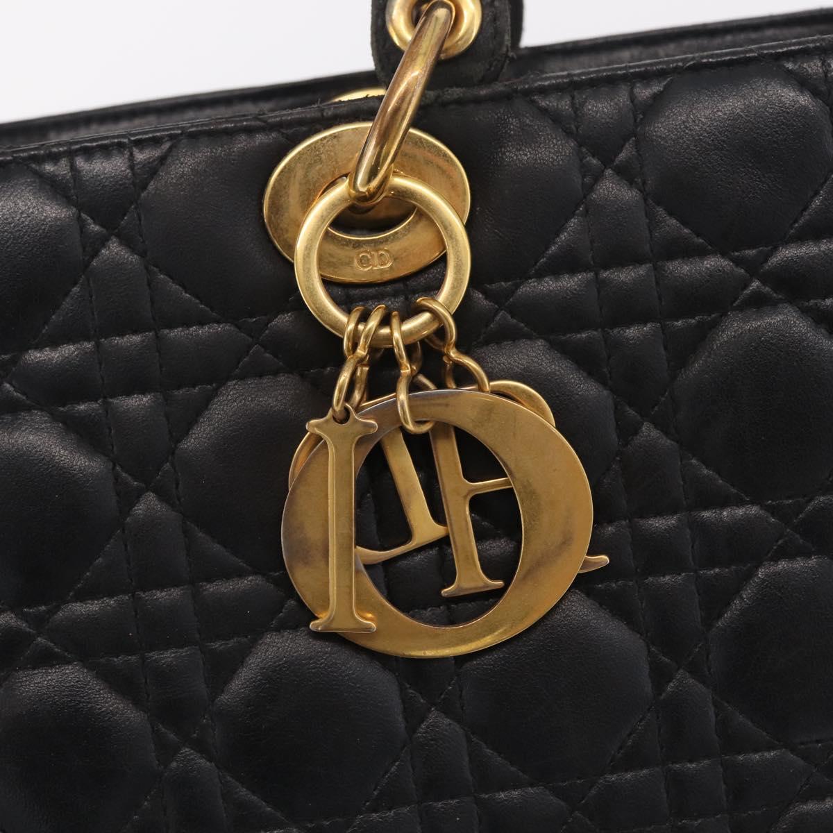 Christian Dior Canage Lady Dior GM Hand Bag Lamb Skin Black Gold Auth am12885