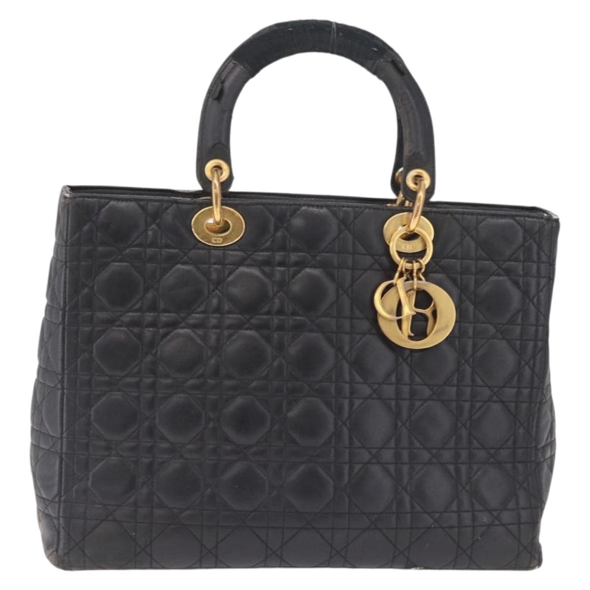 Christian Dior Canage Lady Dior GM Hand Bag Lamb Skin Black Gold Auth am12885