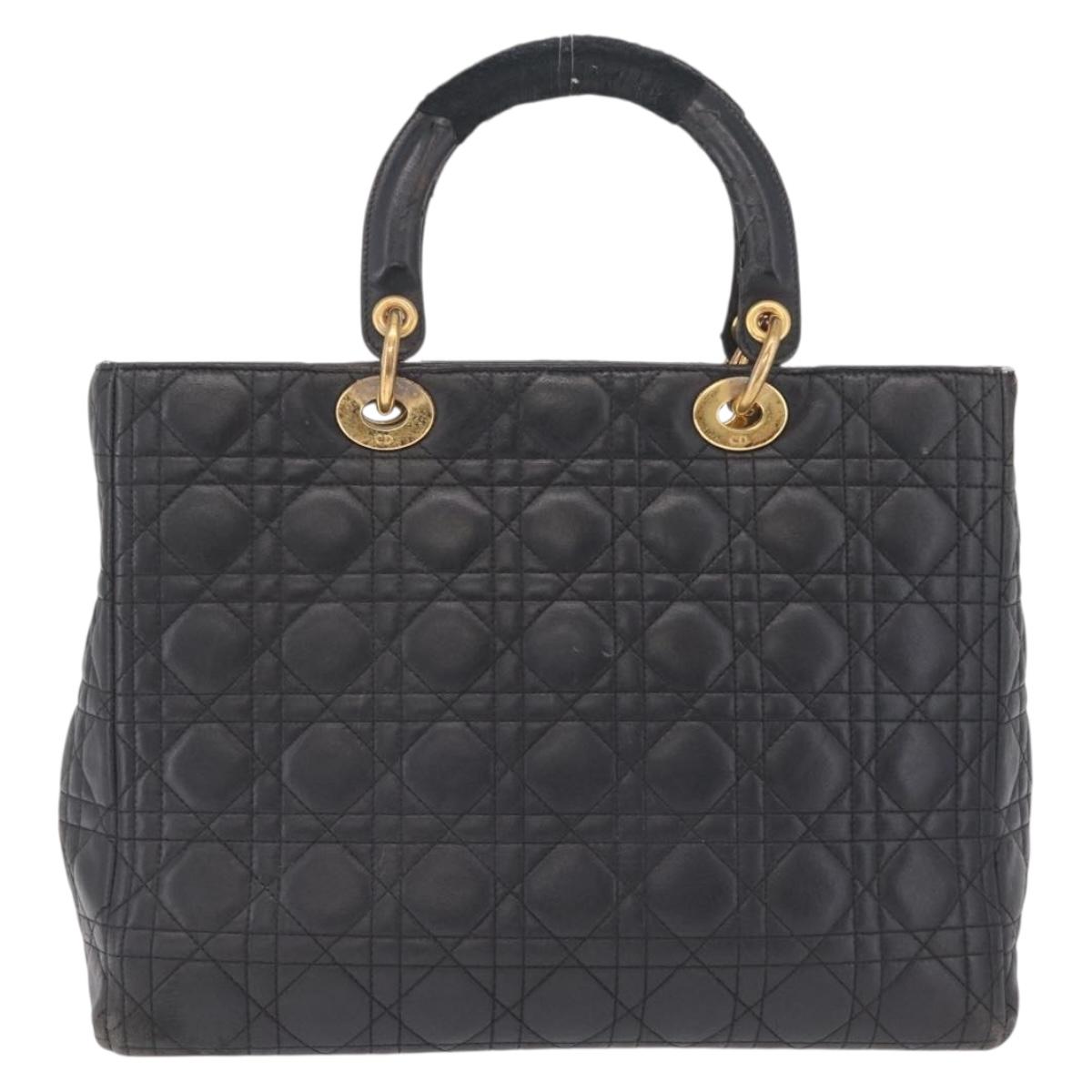 Christian Dior Canage Lady Dior GM Hand Bag Lamb Skin Black Gold Auth am12885