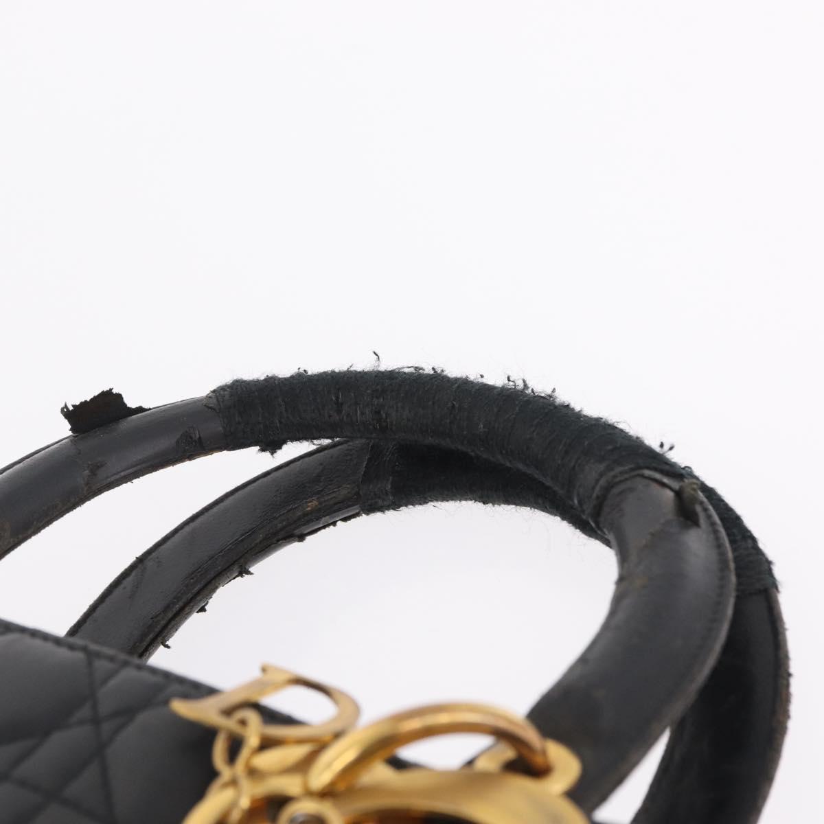 Christian Dior Canage Lady Dior GM Hand Bag Lamb Skin Black Gold Auth am12885