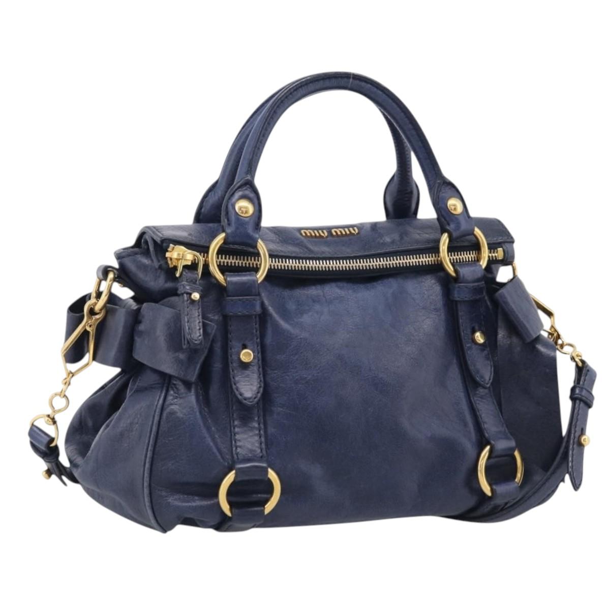 Miu Miu Side Ribbon Hand Bag Leather 2way Navy Gold Auth am12889V