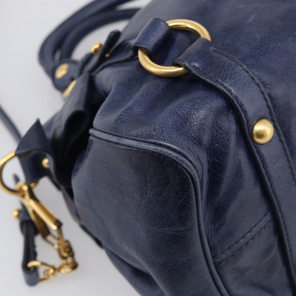 Miu Miu Side Ribbon Hand Bag Leather 2way Navy Gold Auth am12889V