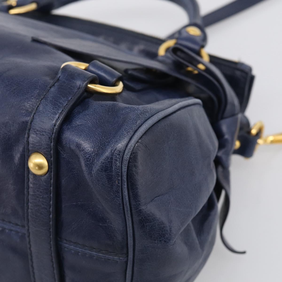 Miu Miu Side Ribbon Hand Bag Leather 2way Navy Gold Auth am12889V