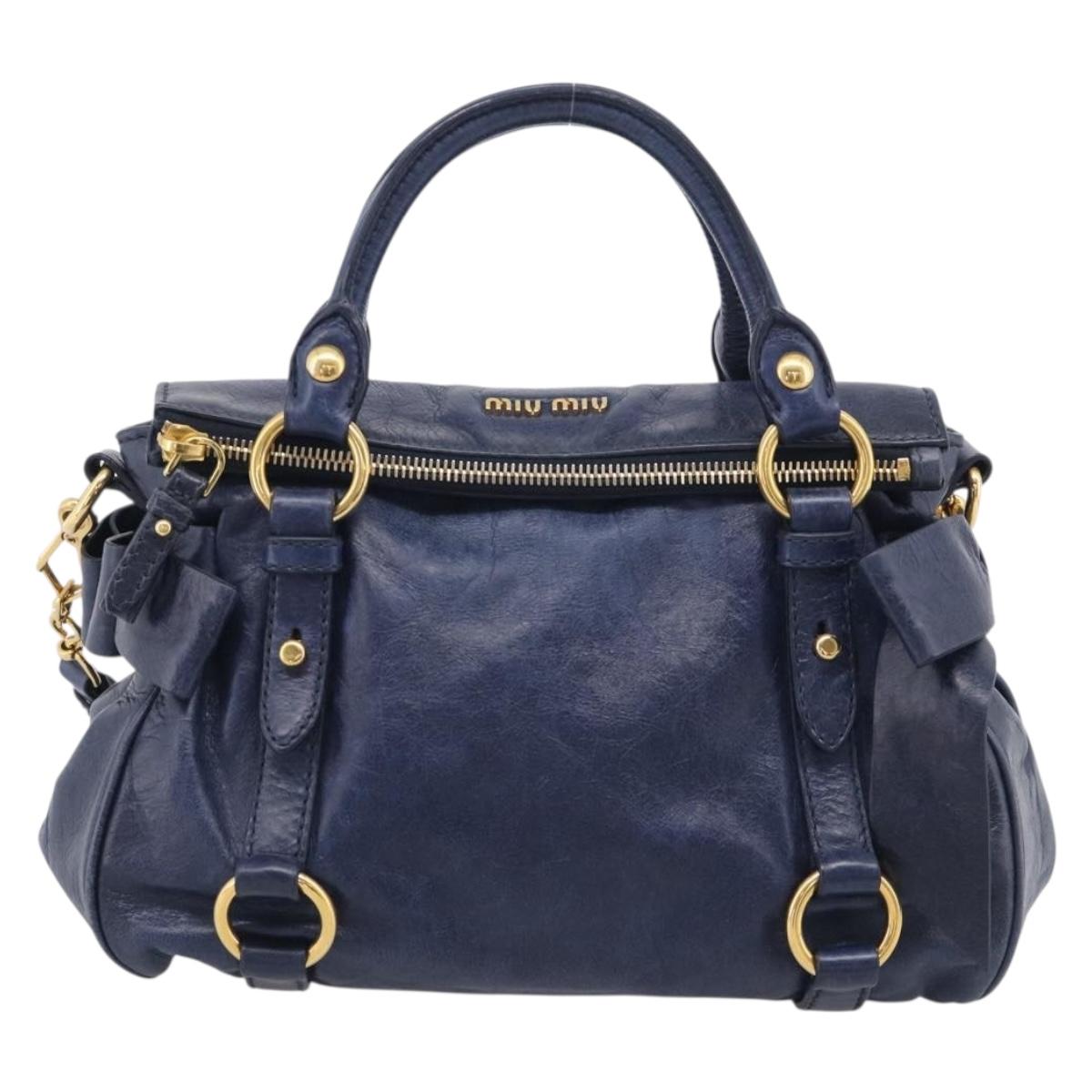 Miu Miu Side Ribbon Hand Bag Leather 2way Navy Gold Auth am12889V