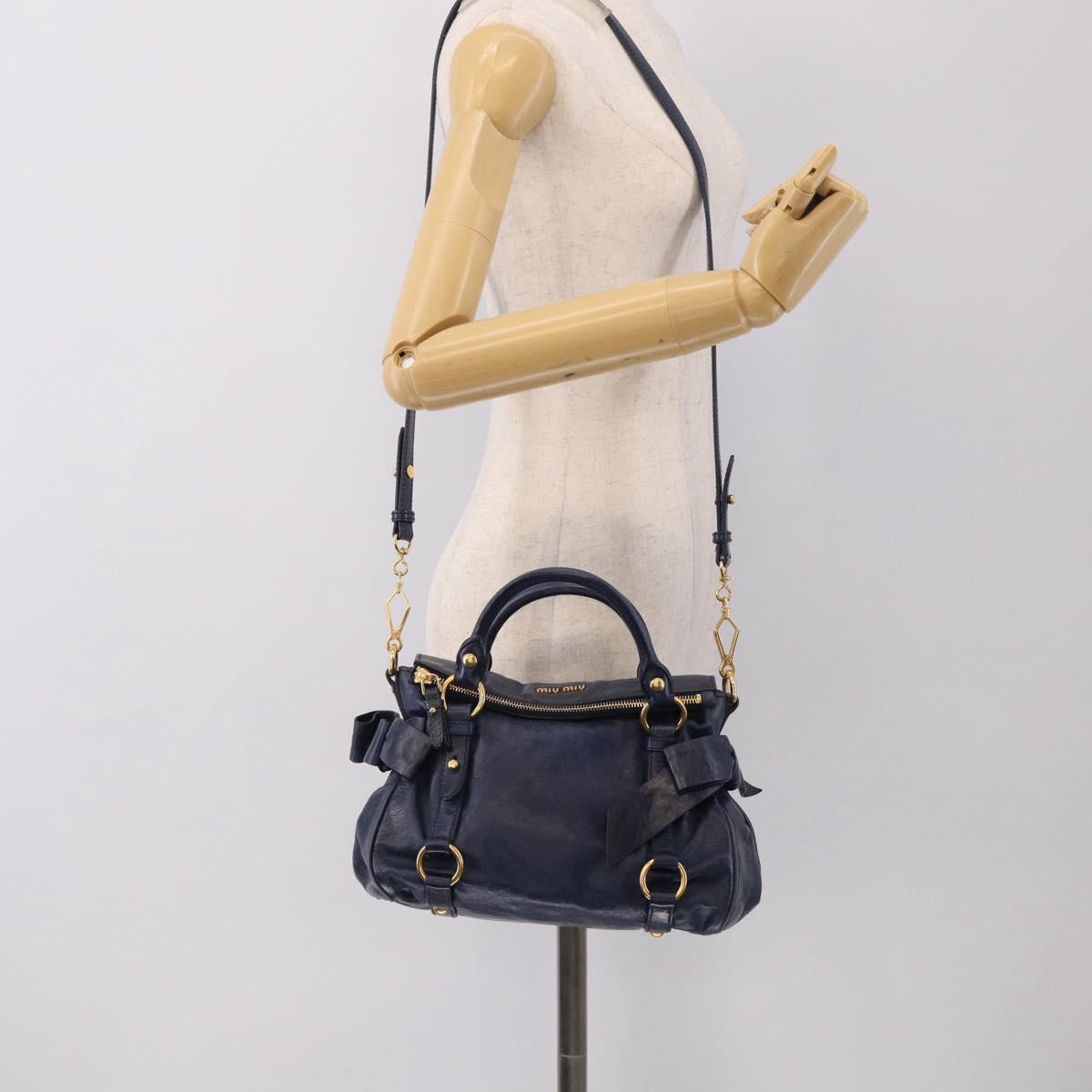 Miu Miu Side Ribbon Hand Bag Leather 2way Navy Gold Auth am12889V
