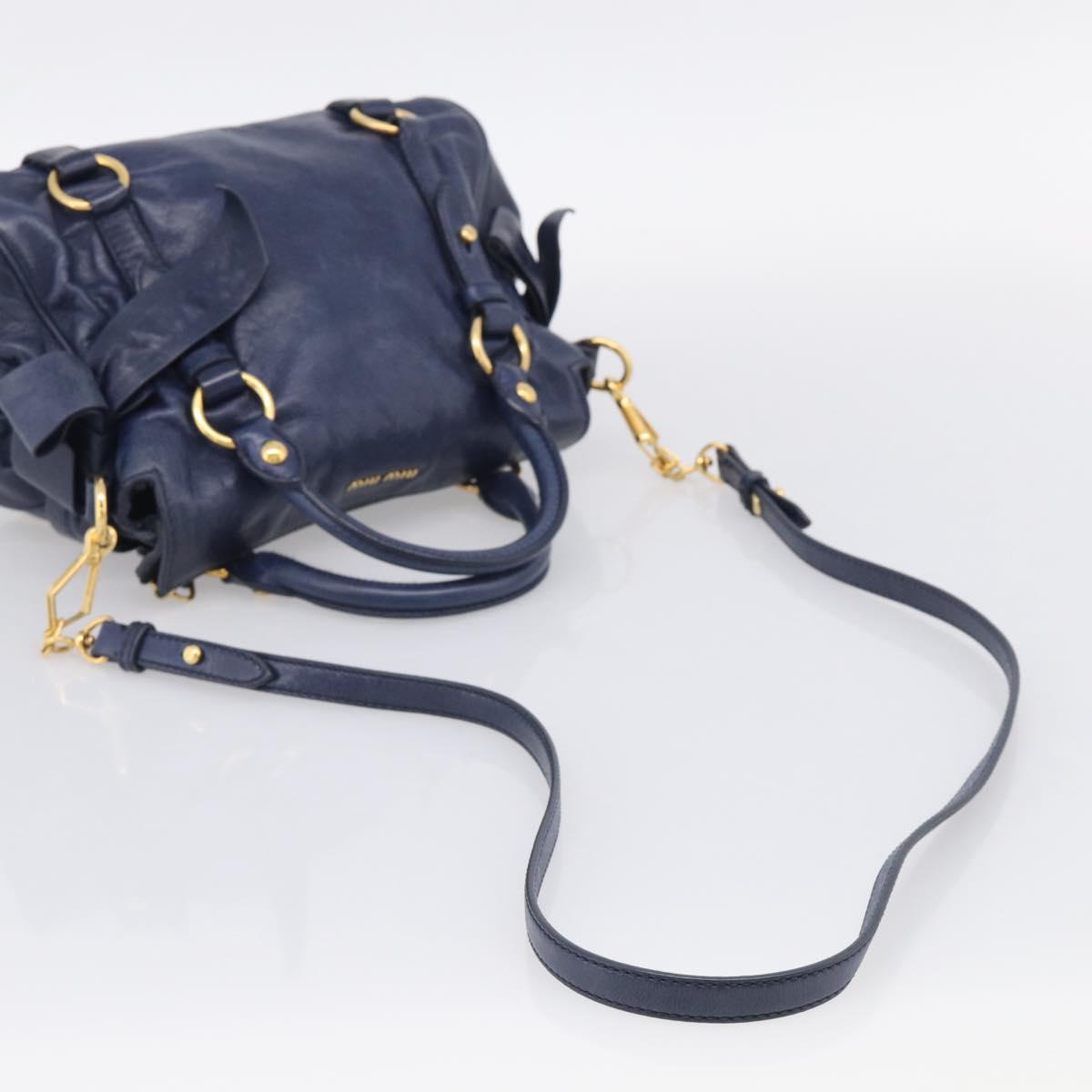 Miu Miu Side Ribbon Hand Bag Leather 2way Navy Gold Auth am12889V