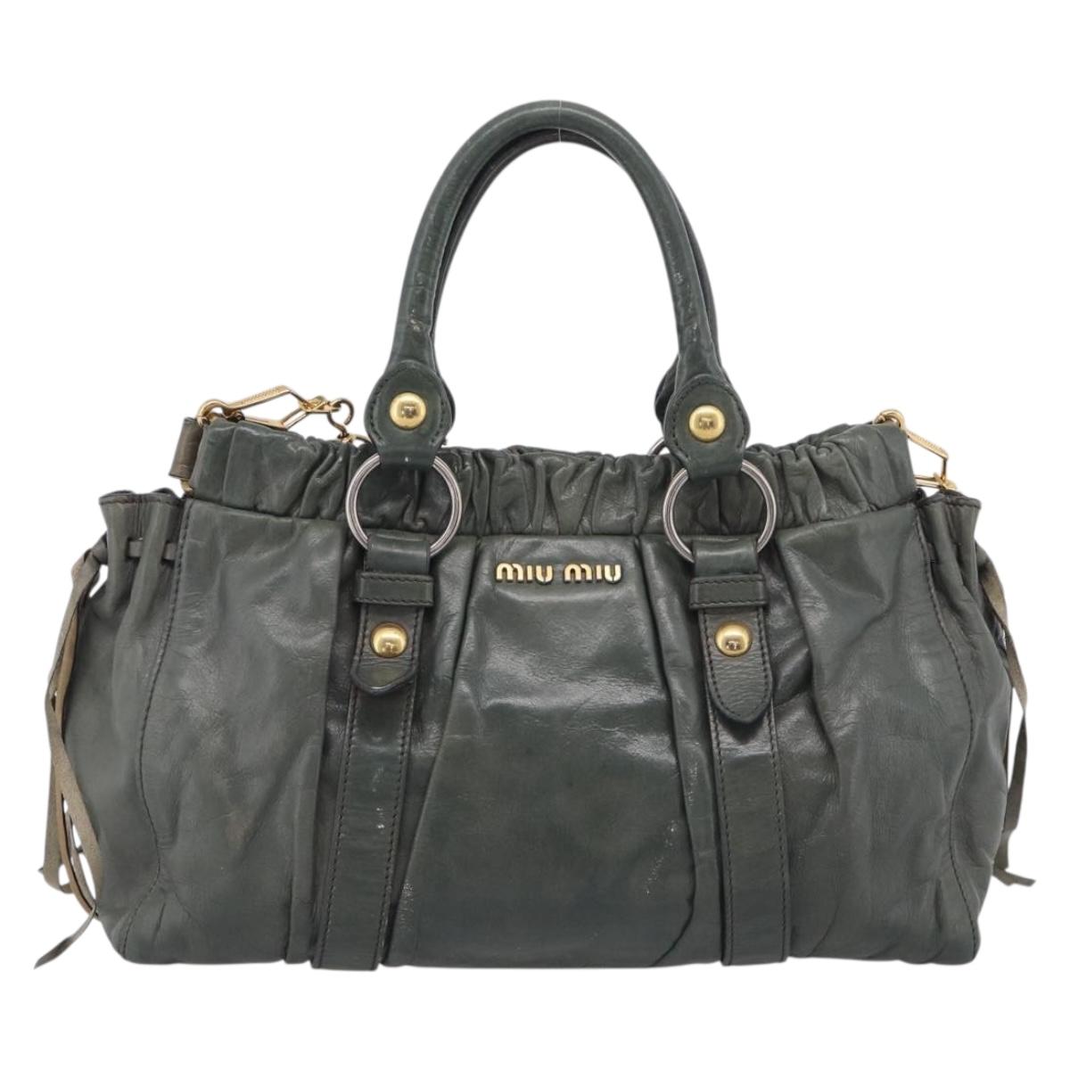 Miu Miu Side Ribbon Hand Bag Leather 2way Khaki Gold Auth am12901A
