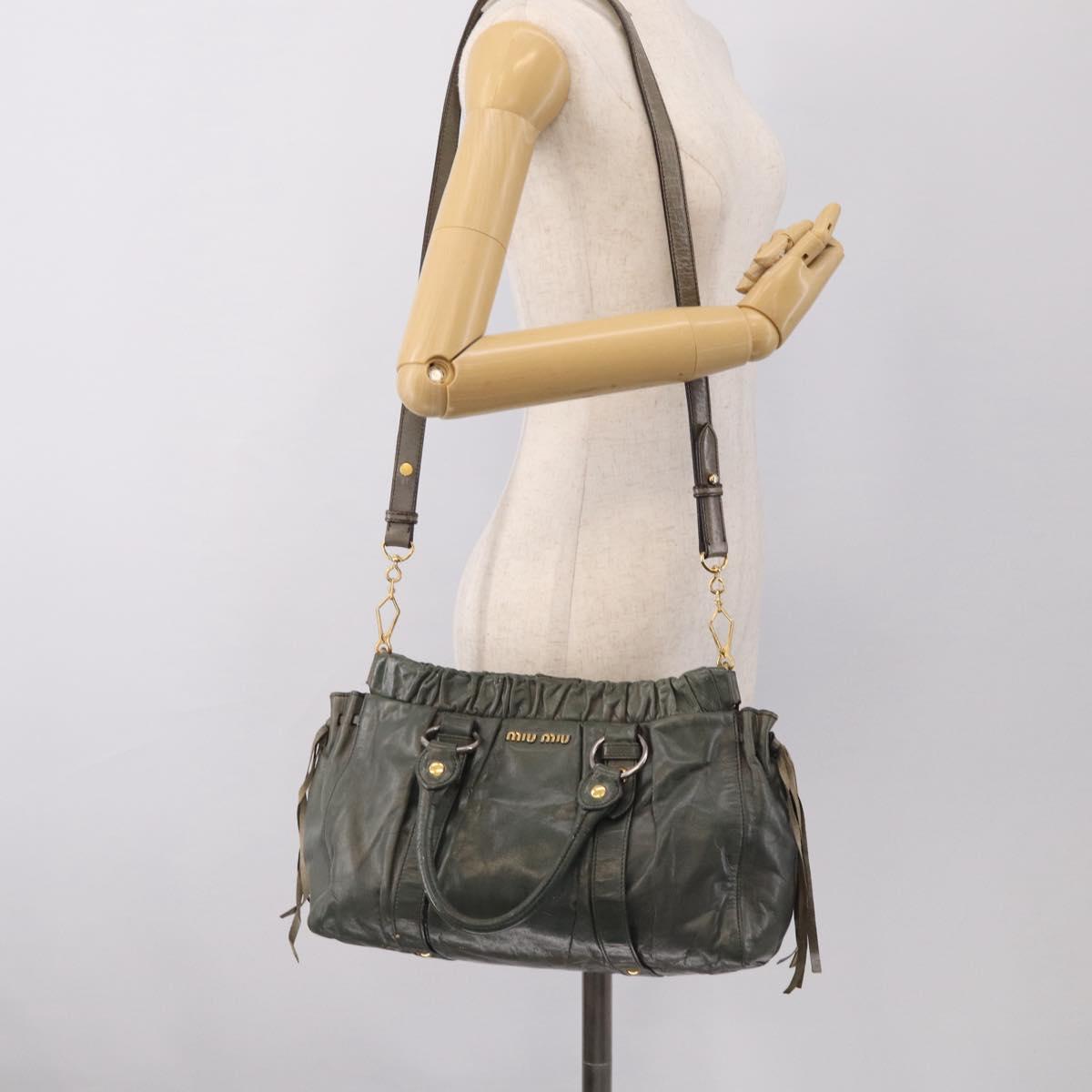 Miu Miu Side Ribbon Hand Bag Leather 2way Khaki Gold Auth am12901A