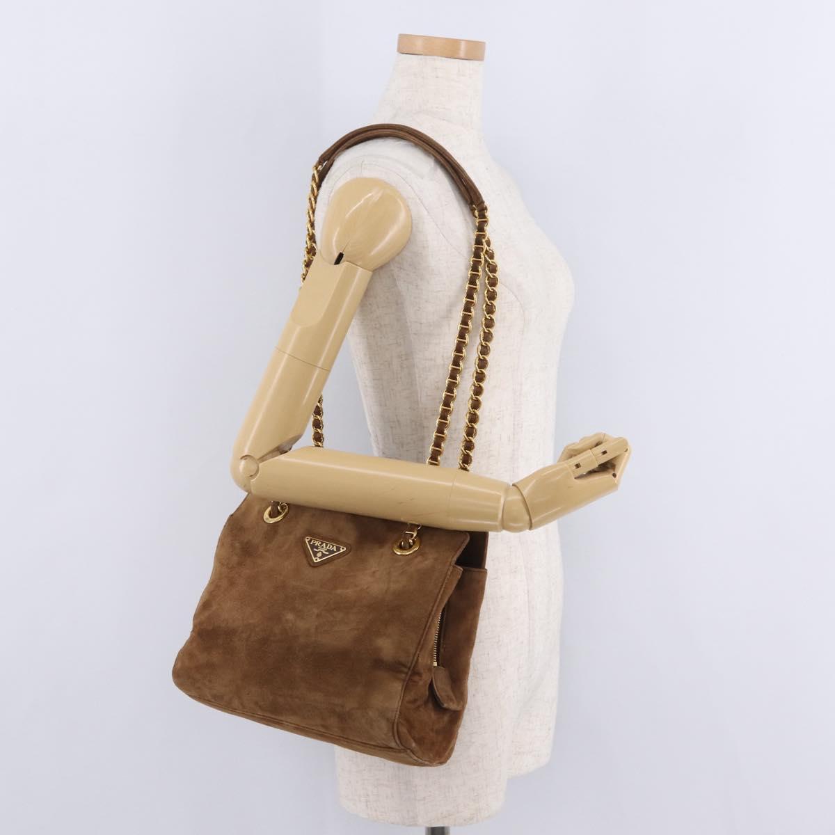 PRADA Chain Tote Bag Suede Brown Gold B4426 Auth am12904A