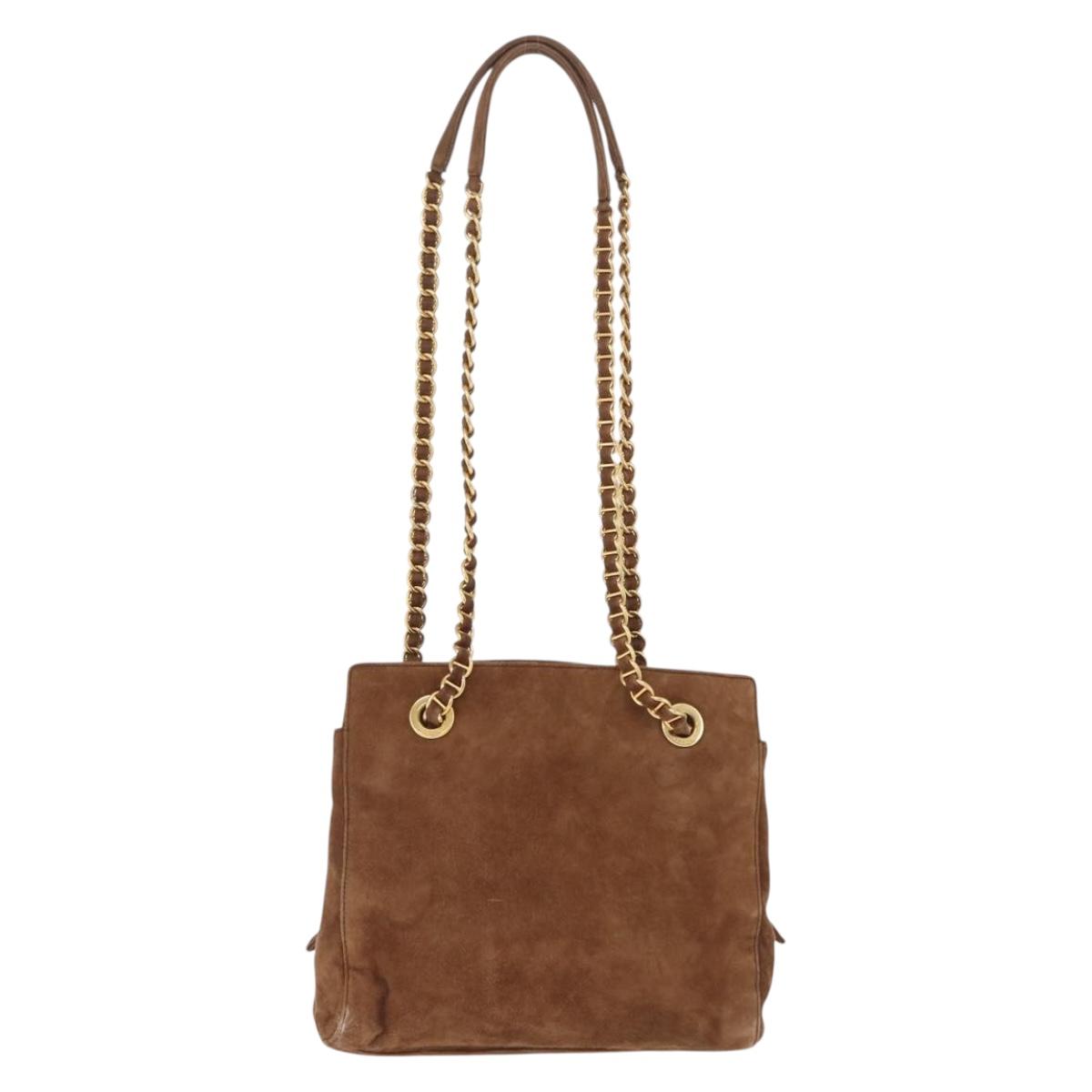 PRADA Chain Tote Bag Suede Brown Gold B4426 Auth am12904A