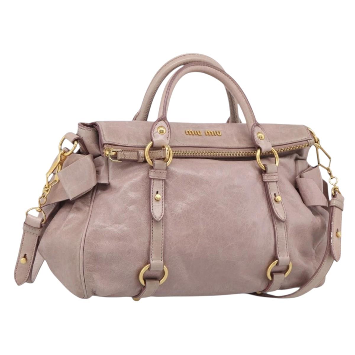 Miu Miu Side Ribbon Hand Bag Leather 2way Pink Gold Auth am12908V