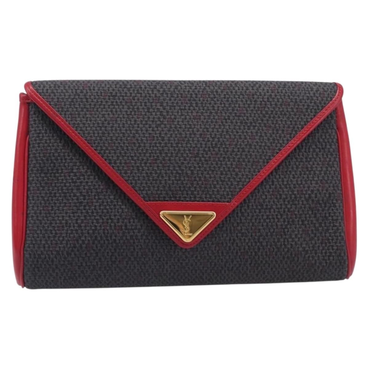 Saint Laurent Clutch Bag Leather Canvas Red Gray gold Auth am12909A