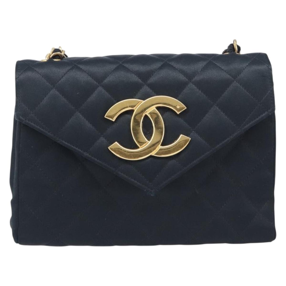CHANEL Matelasse Decacoco Chain Shoulder Bag Satin Black Gold CC Auth am12961M