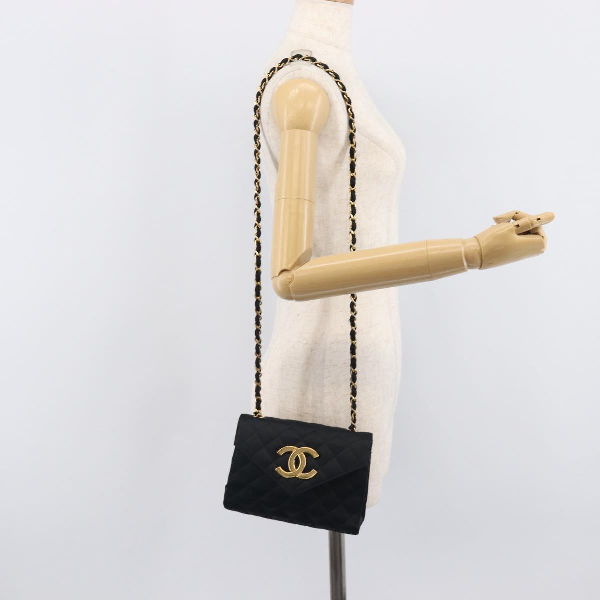 CHANEL Matelasse Decacoco Chain Shoulder Bag Satin Black Gold CC Auth am12961M