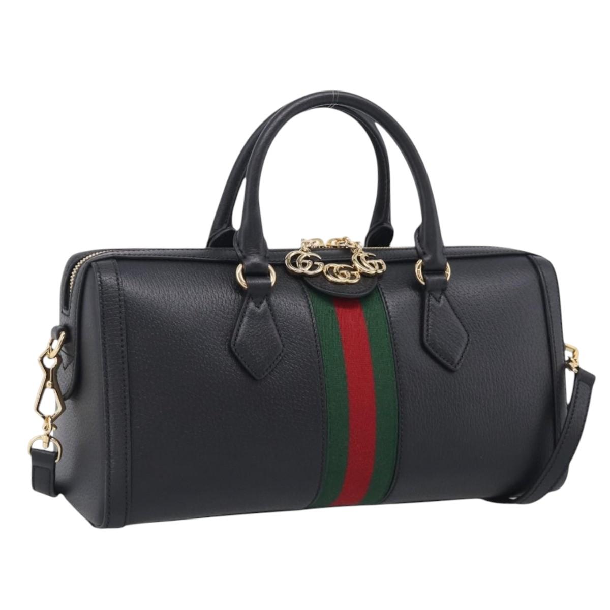 GUCCI Ophdia GG Sherry Line Boston Bag Leather 2way Black Gold Auth am12968M