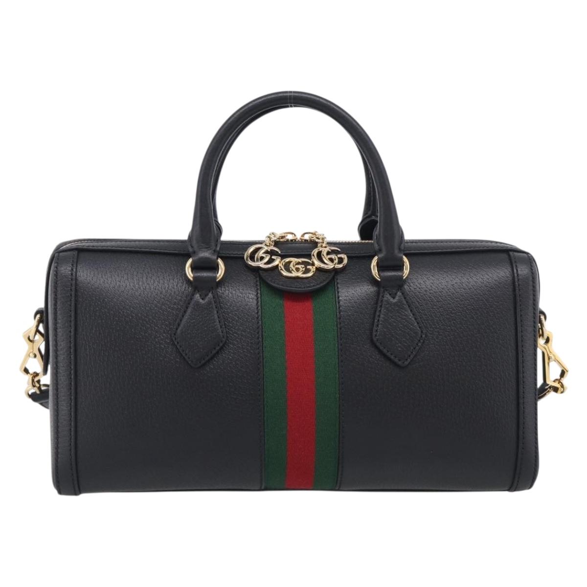 GUCCI Ophdia GG Sherry Line Boston Bag Leather 2way Black Gold Auth am12968M