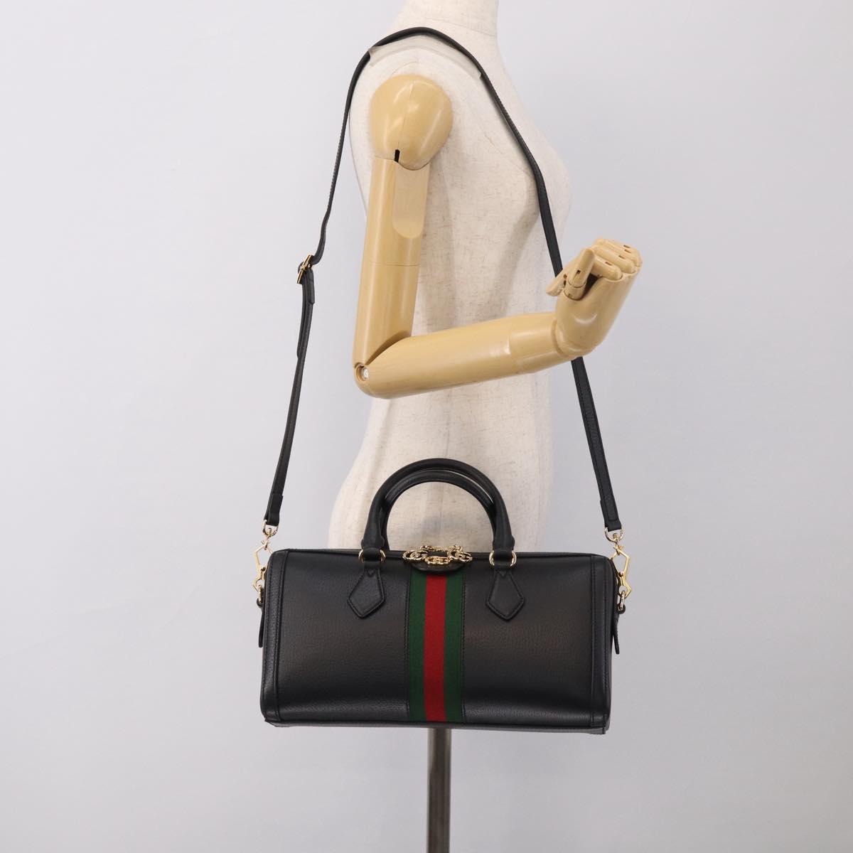 GUCCI Ophdia GG Sherry Line Boston Bag Leather 2way Black Gold Auth am12968M
