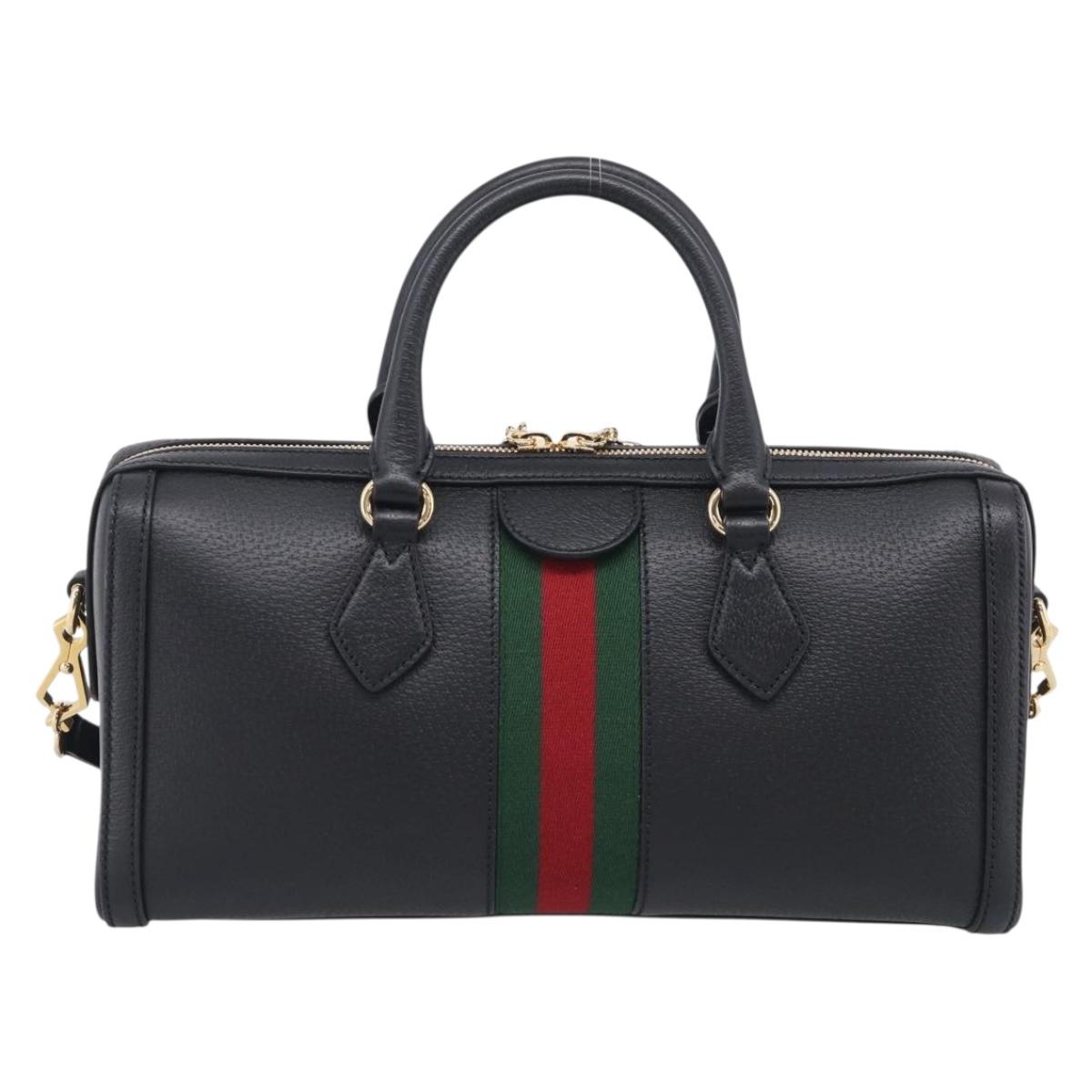 GUCCI Ophdia GG Sherry Line Boston Bag Leather 2way Black Gold Auth am12968M