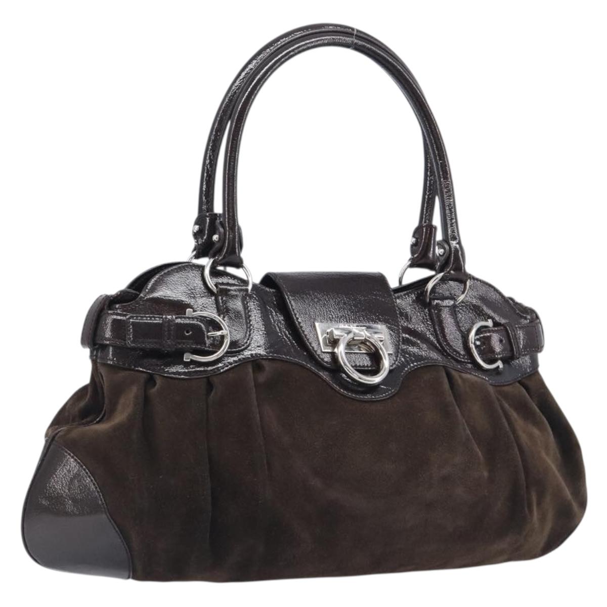 Salvatore Ferragamo Gancini Hand Bag Suede Brown Silver Auth am12981V