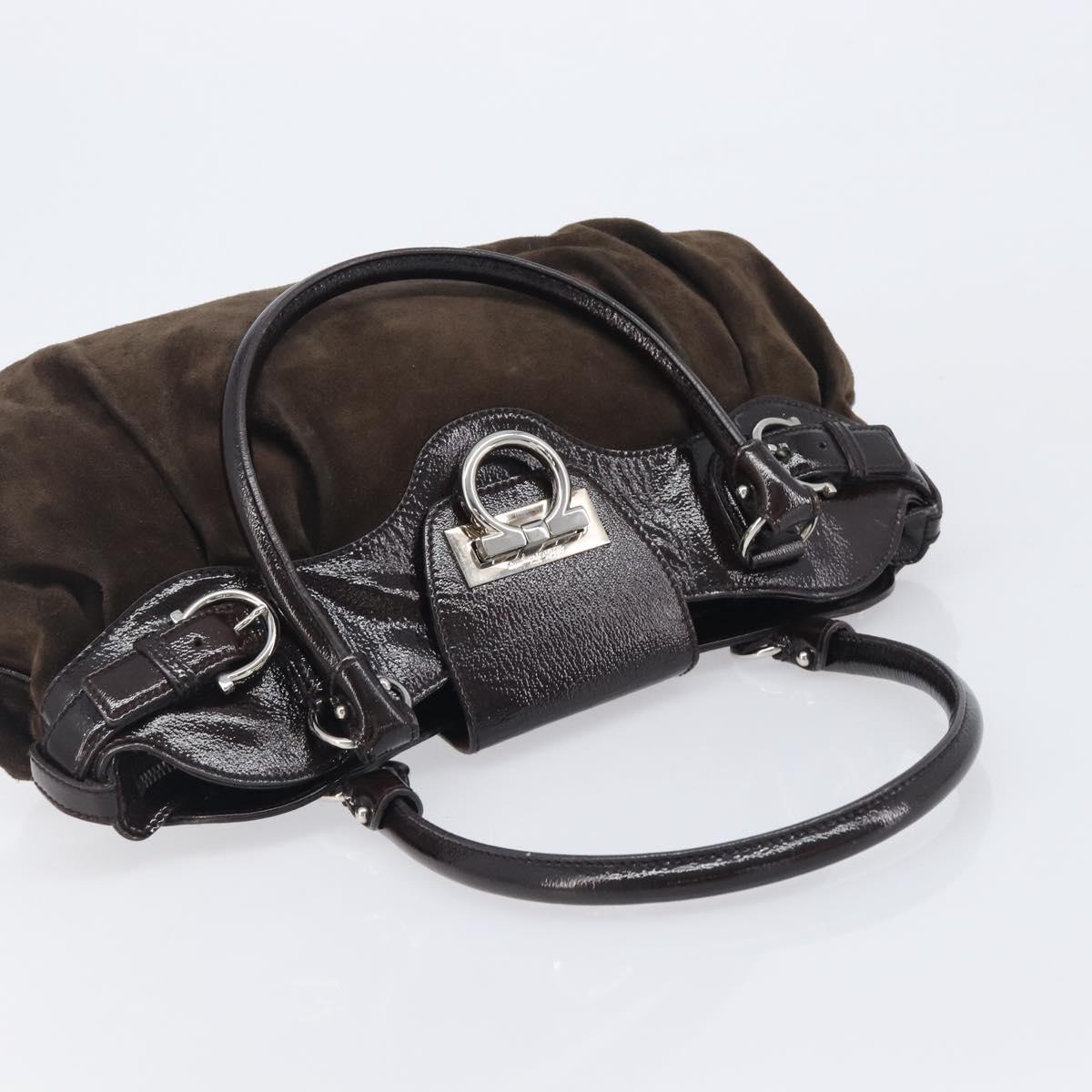 Salvatore Ferragamo Gancini Hand Bag Suede Brown Silver Auth am12981V