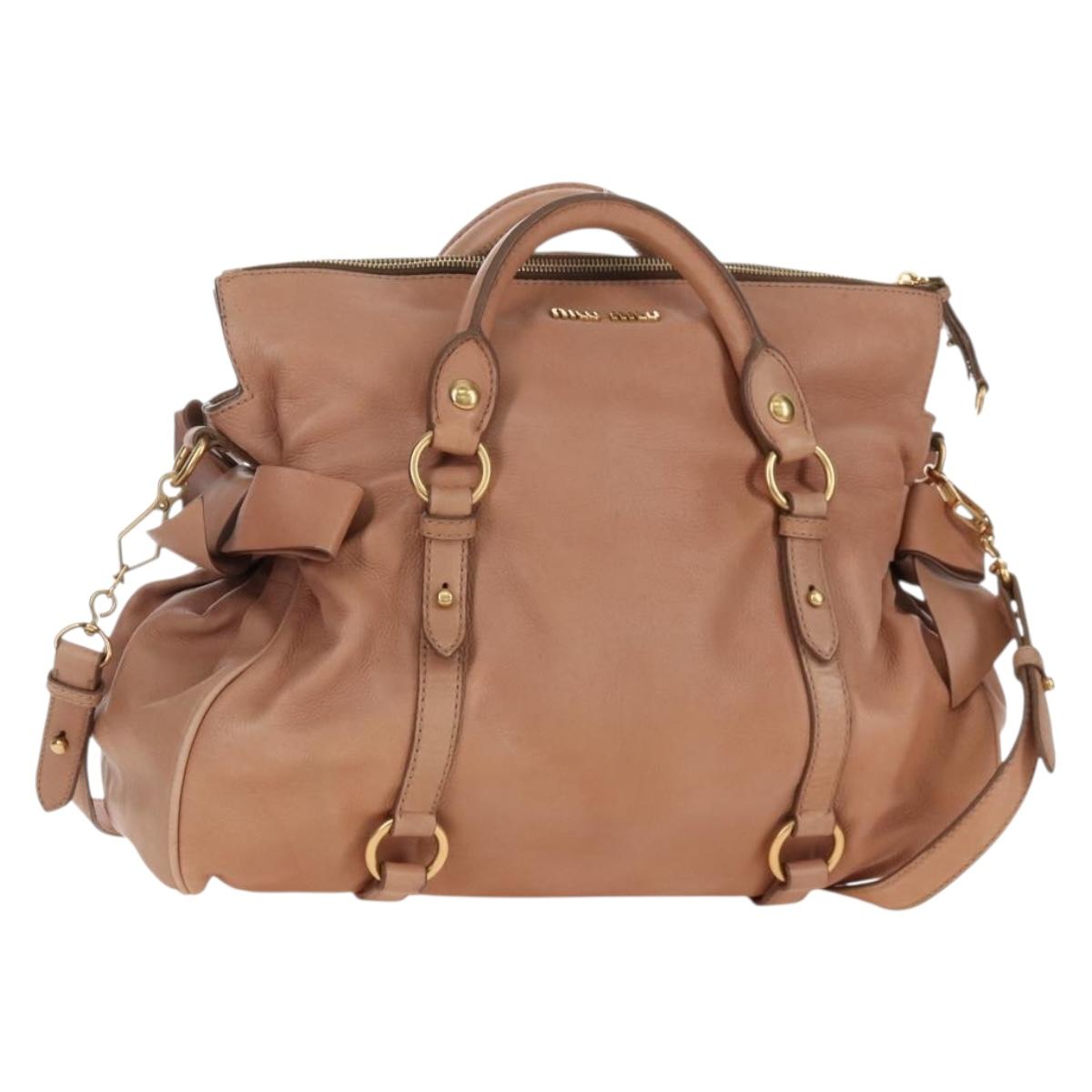 Miu Miu Side Ribbon Tote Bag Leather 2way Beige Gold Auth am12990V