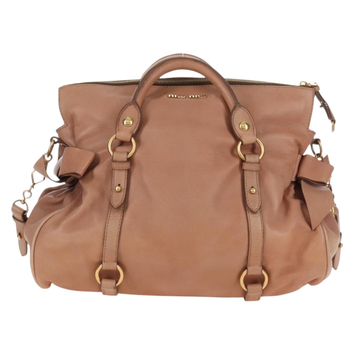 Miu Miu Side Ribbon Tote Bag Leather 2way Beige Gold Auth am12990V