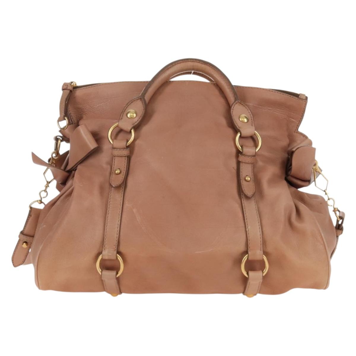 Miu Miu Side Ribbon Tote Bag Leather 2way Beige Gold Auth am12990V