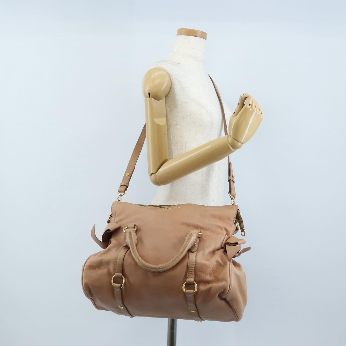 Miu Miu Side Ribbon Tote Bag Leather 2way Beige Gold Auth am12990V