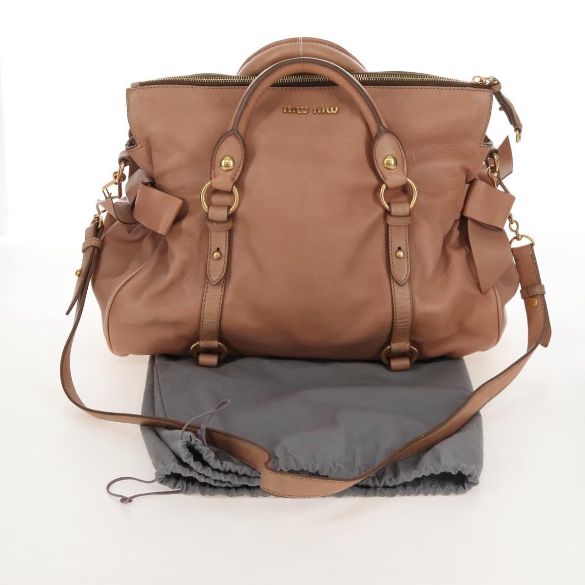 Miu Miu Side Ribbon Tote Bag Leather 2way Beige Gold Auth am12990V