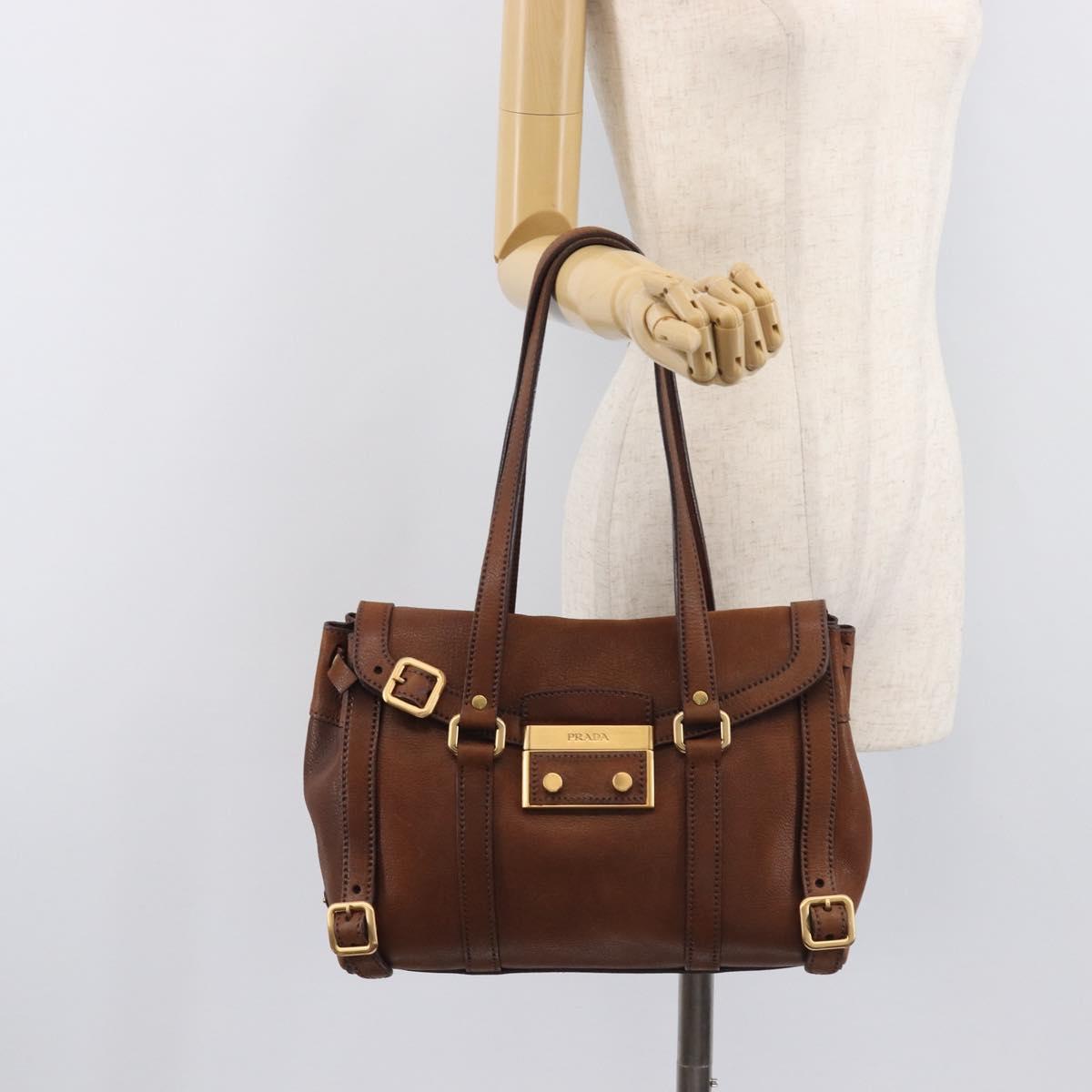 PRADA Tote Bag Leather Brown Gold BR3027 Auth am13004V
