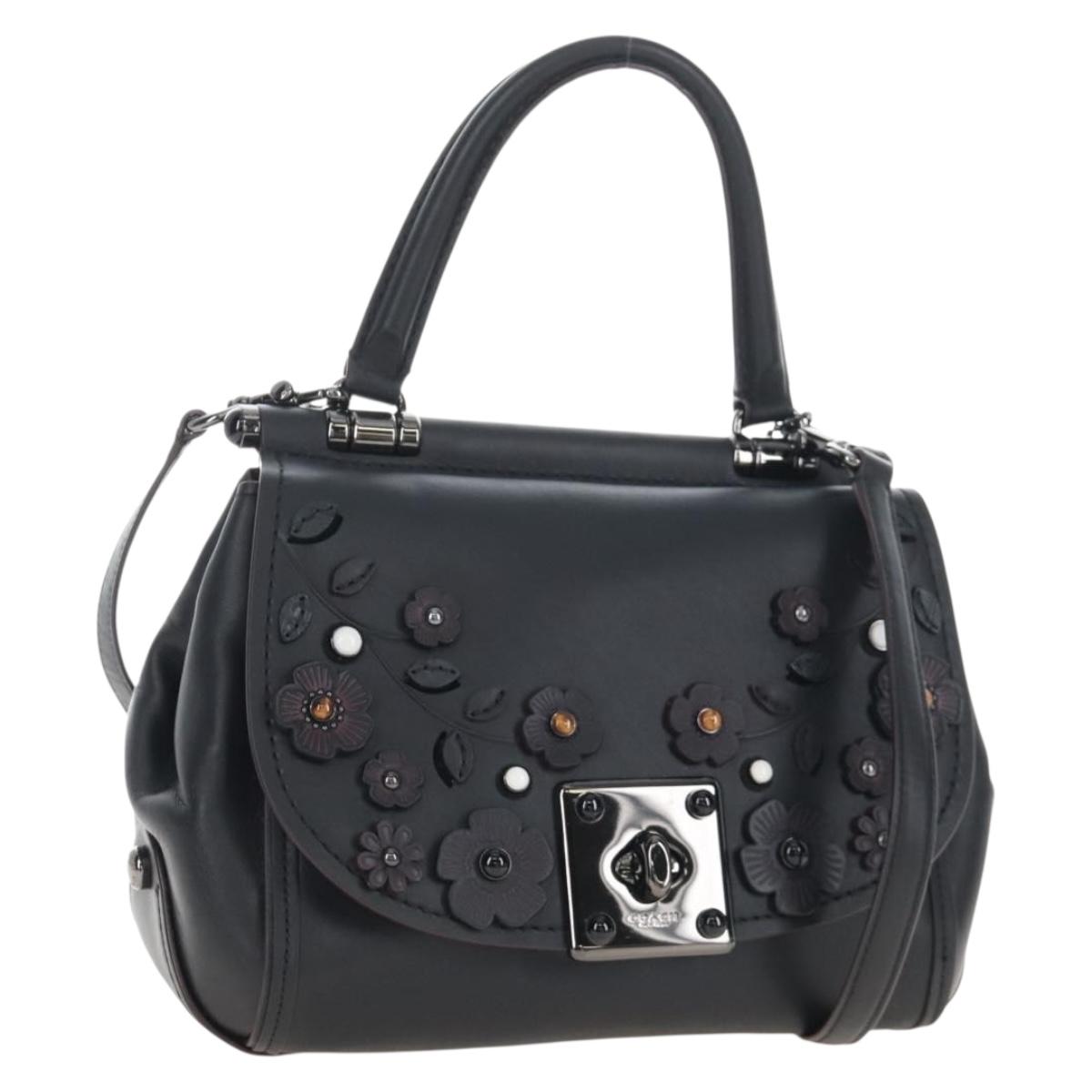 Coach Tea Rose Turn Lock Hand Bag Leather 2way Black Silver Auth am13006V