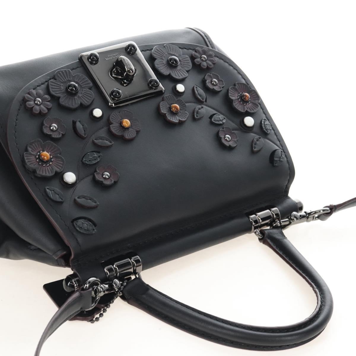 Coach Tea Rose Turn Lock Hand Bag Leather 2way Black Silver Auth am13006V
