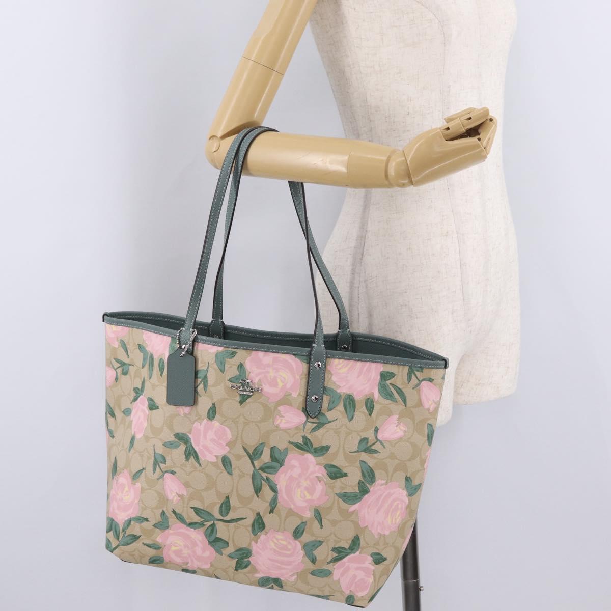 Coach Reversible Flower Tote Bag PVC Canvas Beige Silver Auth am13010A