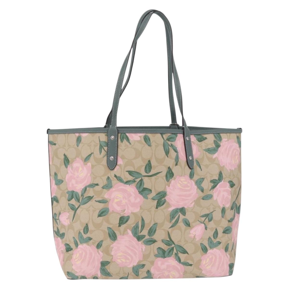Coach Reversible Flower Tote Bag PVC Canvas Beige Silver Auth am13010A