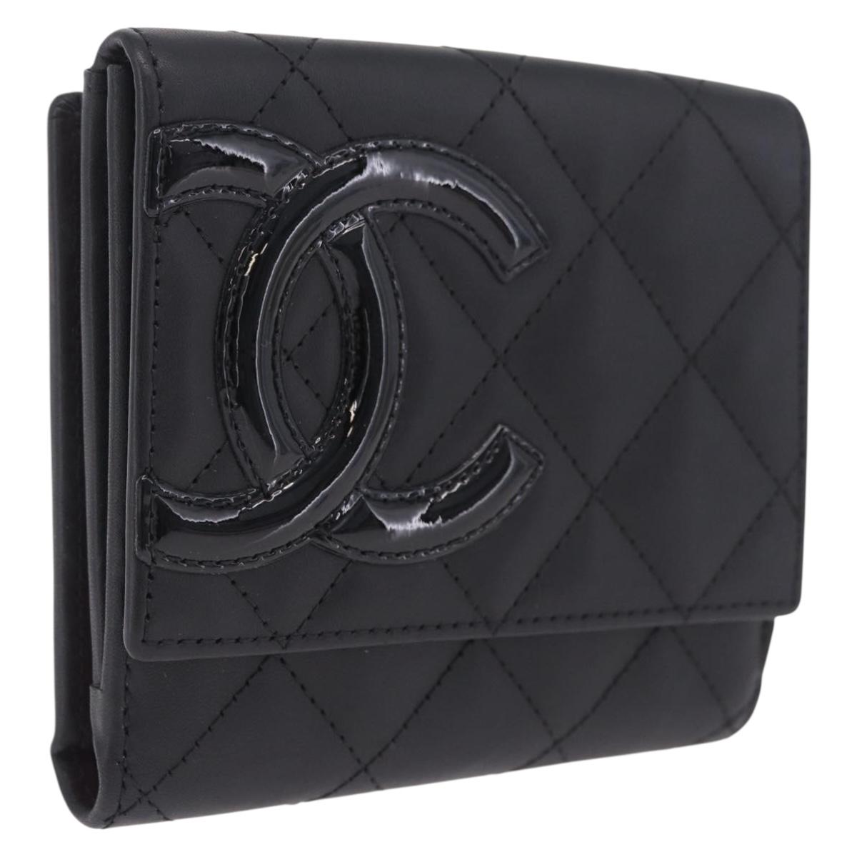CHANEL Cambon Line W Hook Trifold Wallet Leather Black Silver CC Auth am13011SAM