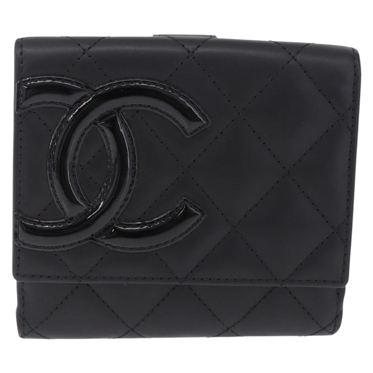 CHANEL Cambon Line W Hook Trifold Wallet Leather Black Silver CC Auth am13011SAM