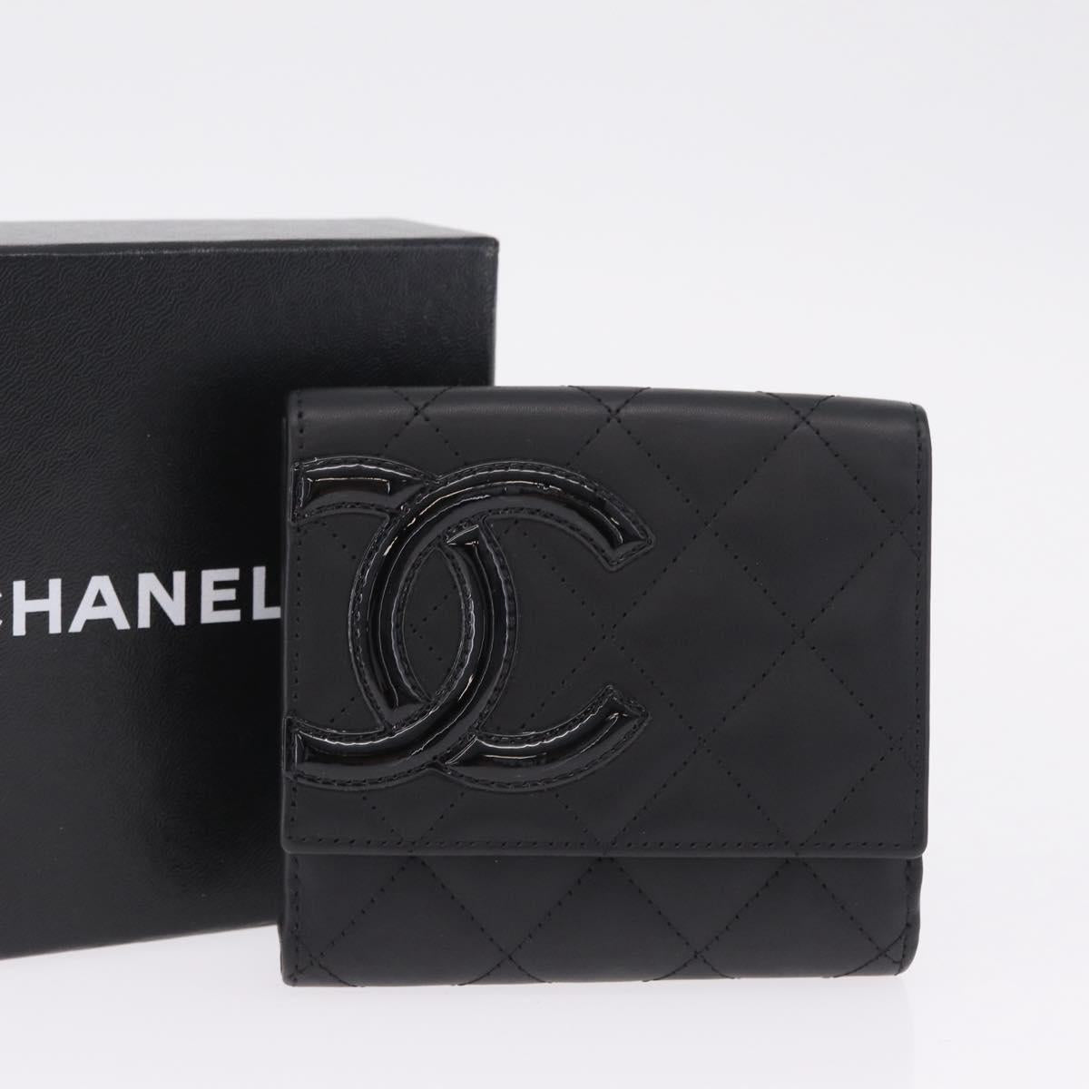 CHANEL Cambon Line W Hook Trifold Wallet Leather Black Silver CC Auth am13011SAM