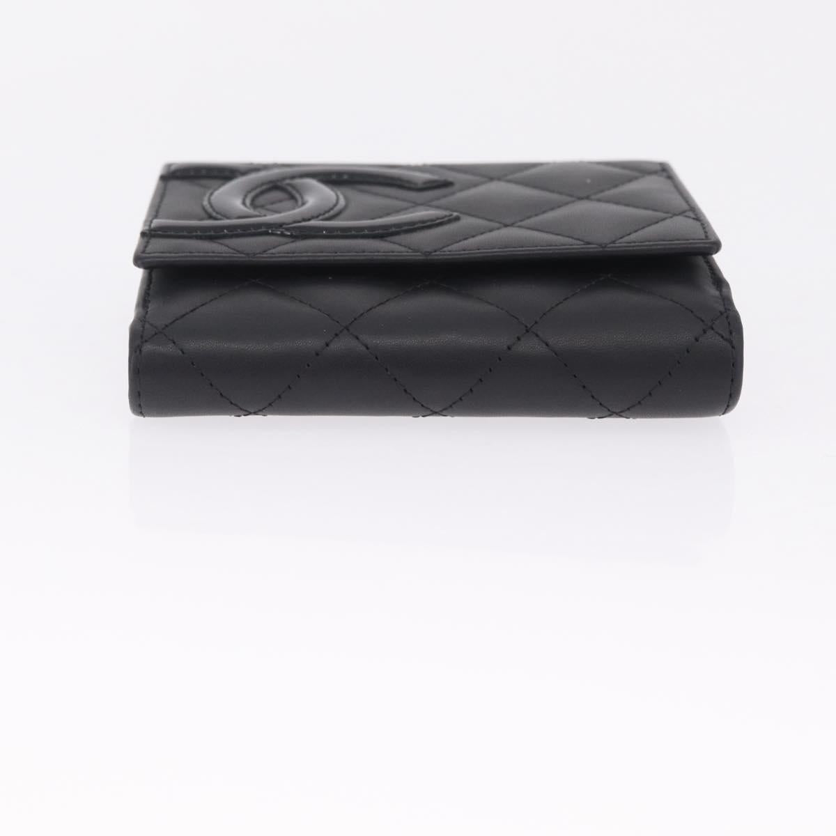 CHANEL Cambon Line W Hook Trifold Wallet Leather Black Silver CC Auth am13011SAM