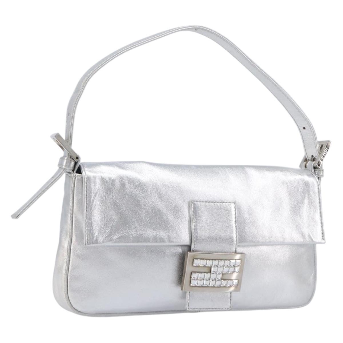 FENDI Mamma Baguette Shoulder Bag Leather Silver Auth am13032SAM