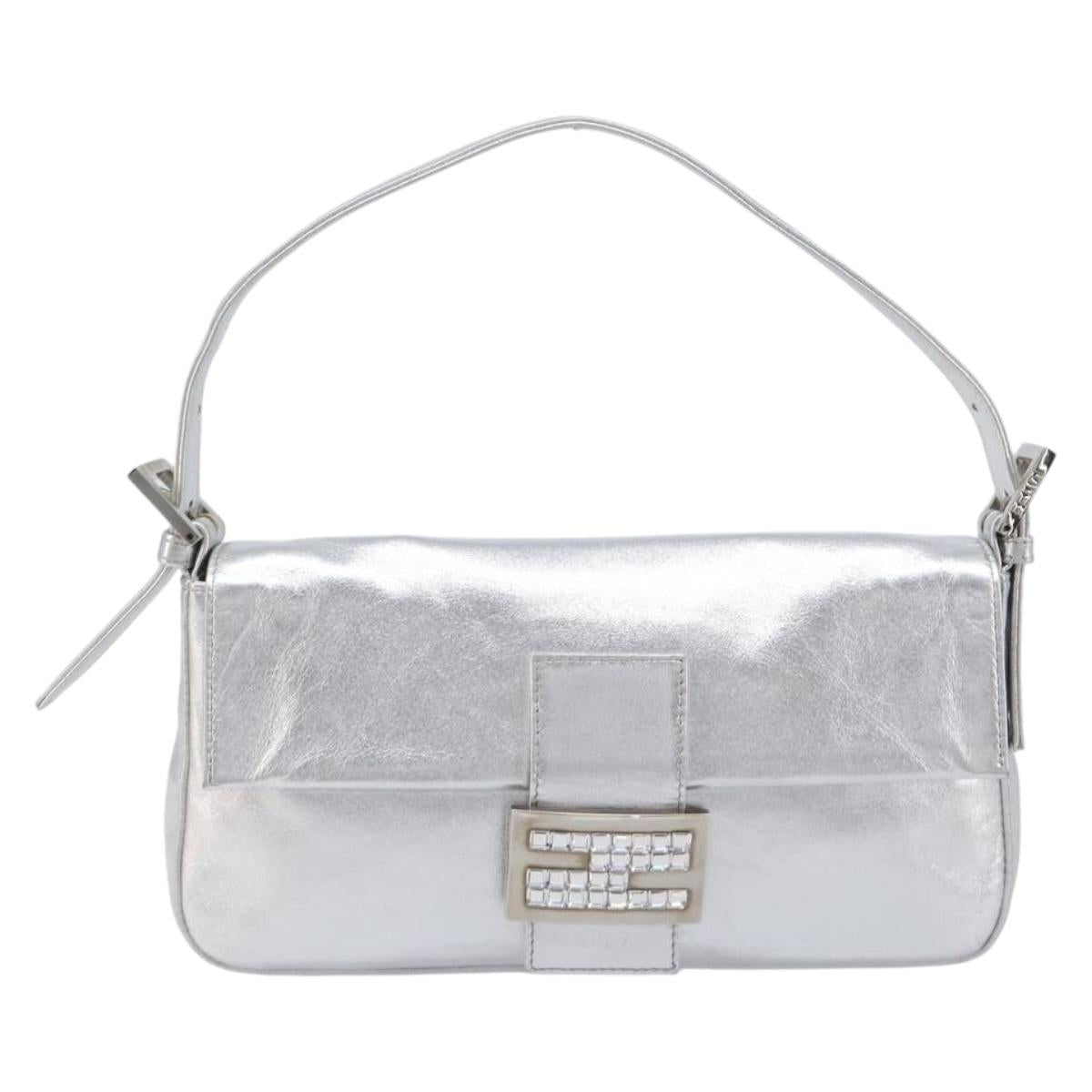 FENDI Mamma Baguette Shoulder Bag Leather Silver Auth am13032SAM