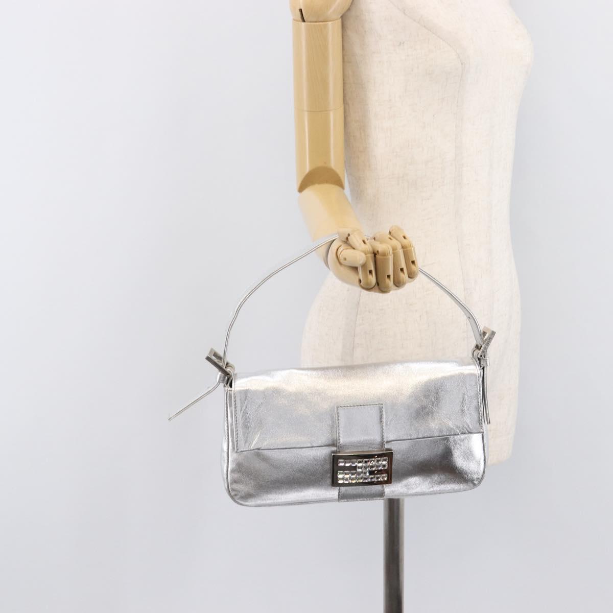 FENDI Mamma Baguette Shoulder Bag Leather Silver Auth am13032SAM