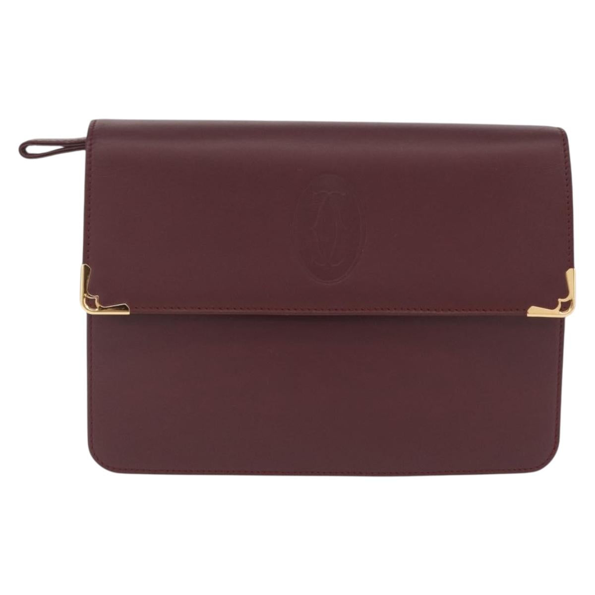 Cartier Clutch Bag Leather Bordeaux Gold Tone Auth am13042V