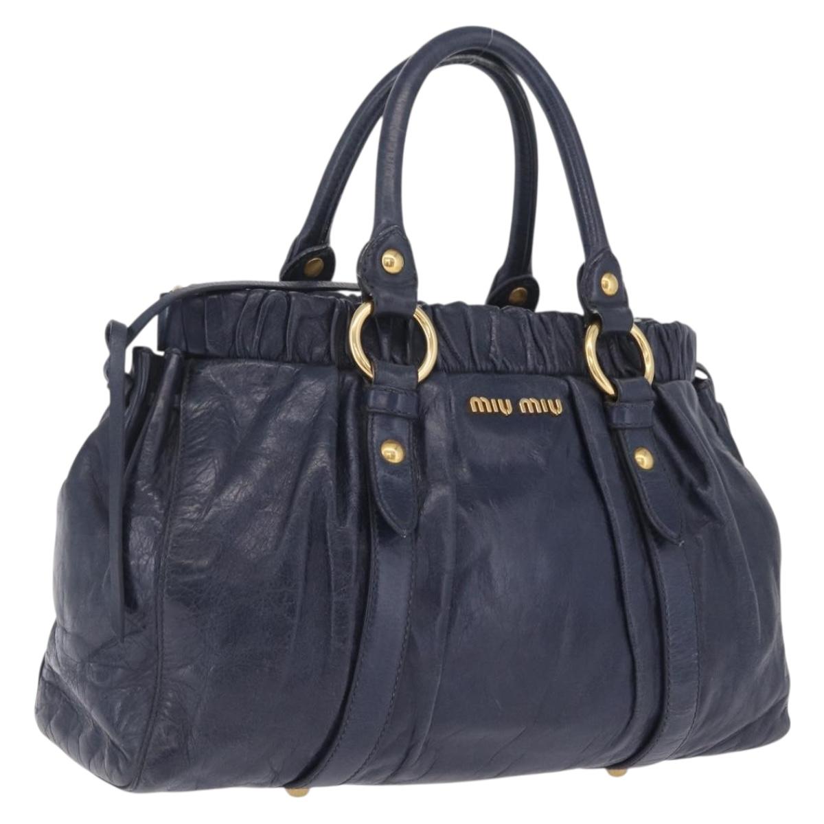Miu Miu VITELLO LUX Hand Bag Leather Navy Gold Tone Auth am13043V