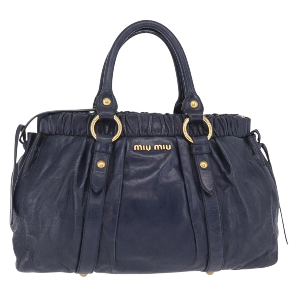Miu Miu VITELLO LUX Hand Bag Leather Navy Gold Tone Auth am13043V