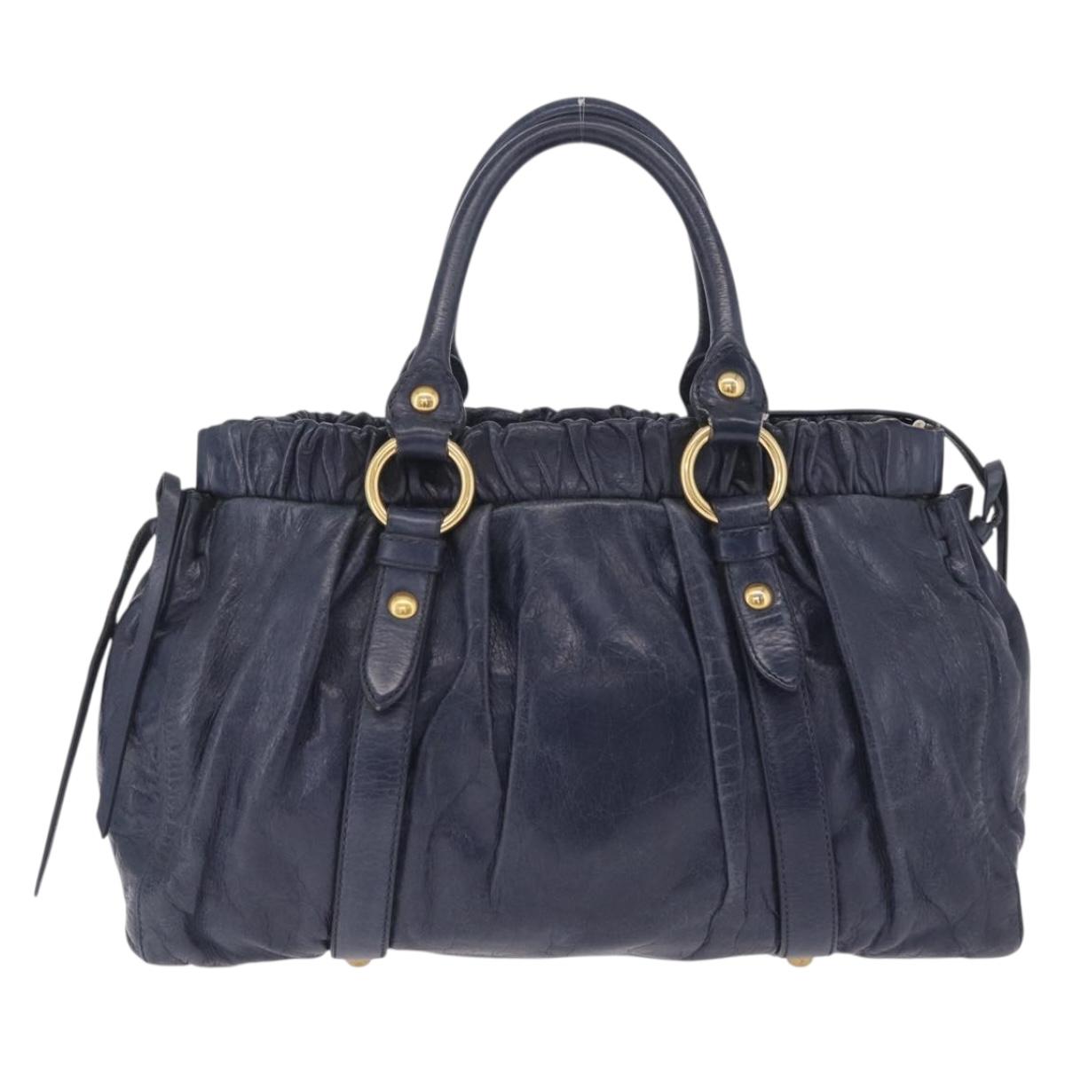Miu Miu VITELLO LUX Hand Bag Leather Navy Gold Tone Auth am13043V