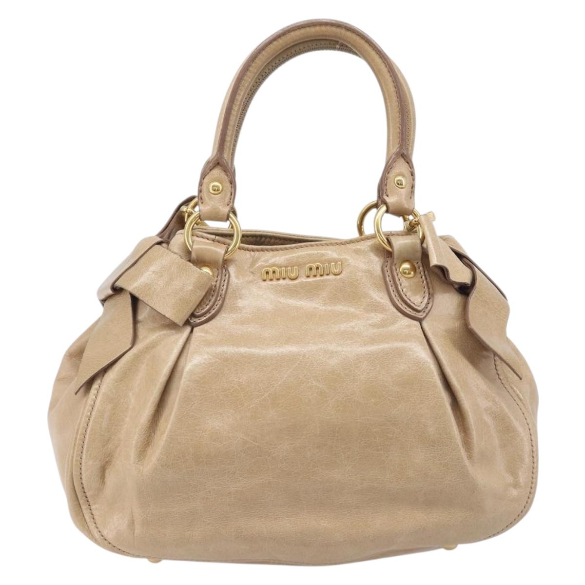 Miu Miu Side Ribbon Hand Bag Leather Beige Gold Tone Auth am13045V