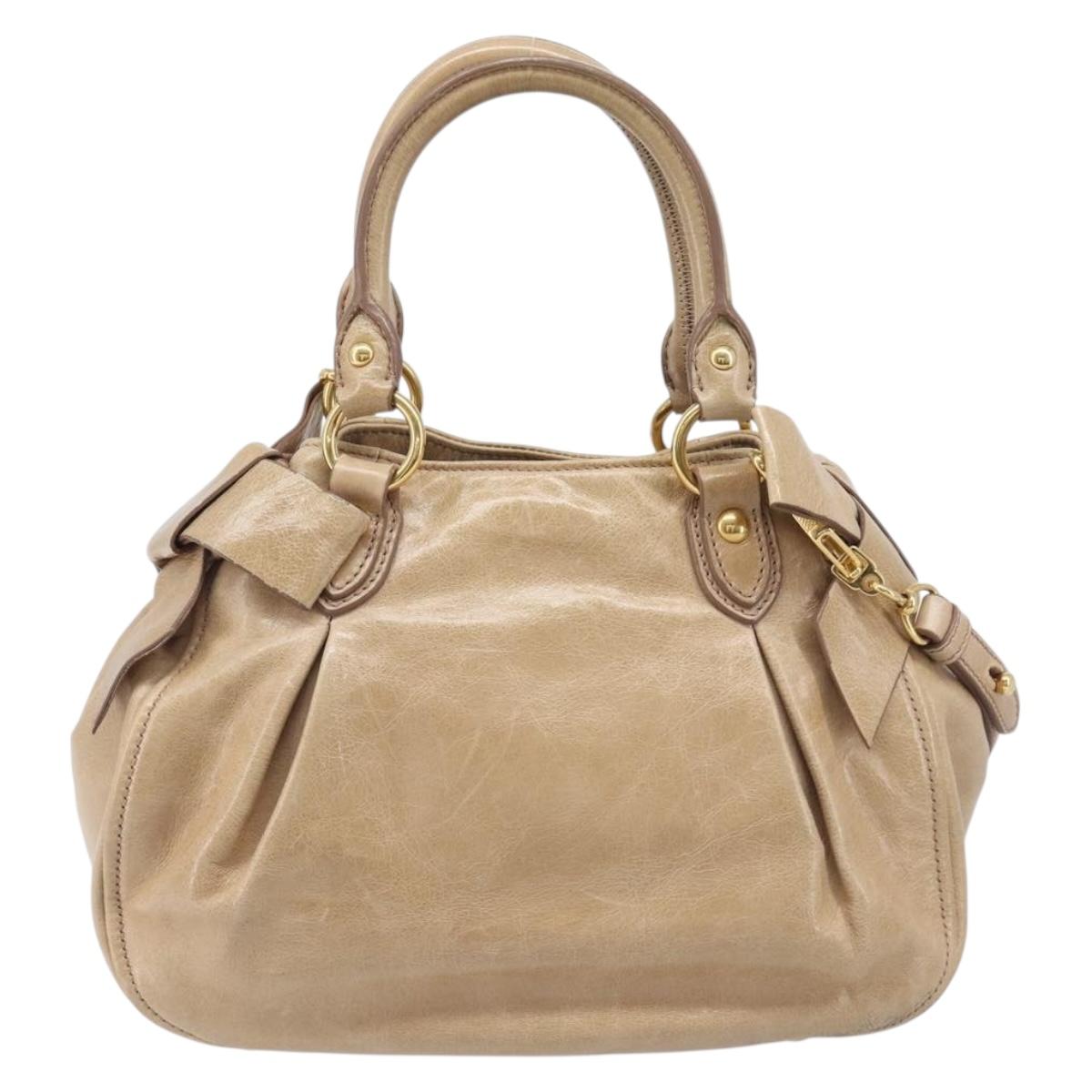 Miu Miu Side Ribbon Hand Bag Leather Beige Gold Tone Auth am13045V
