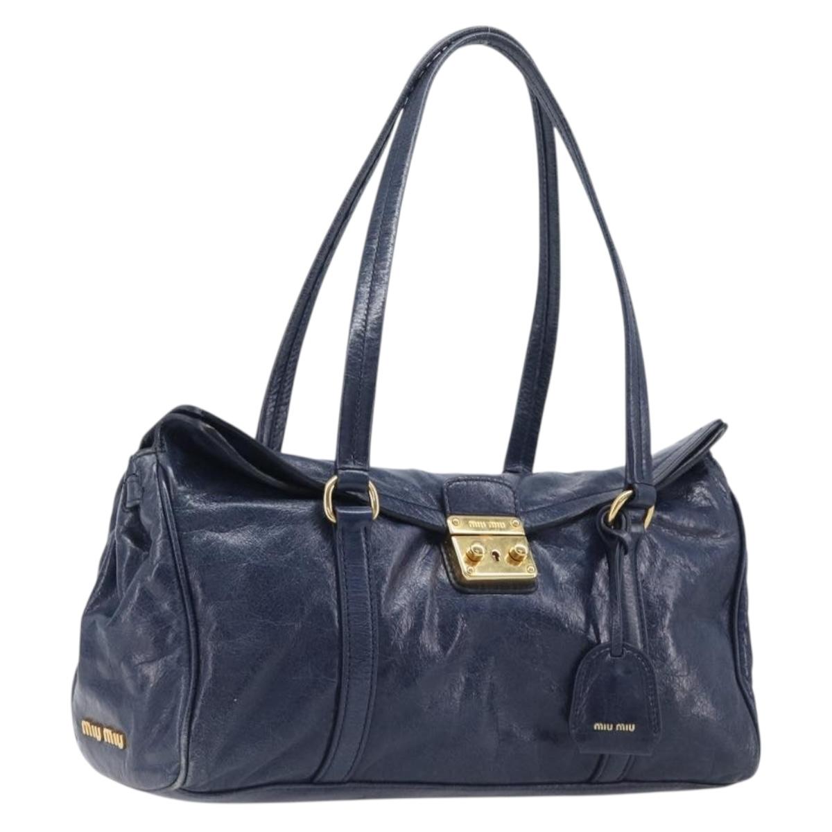 Miu Miu Lady Rock Shoulder Hand Bag Leather Navy Gold Tone Auth am13046V